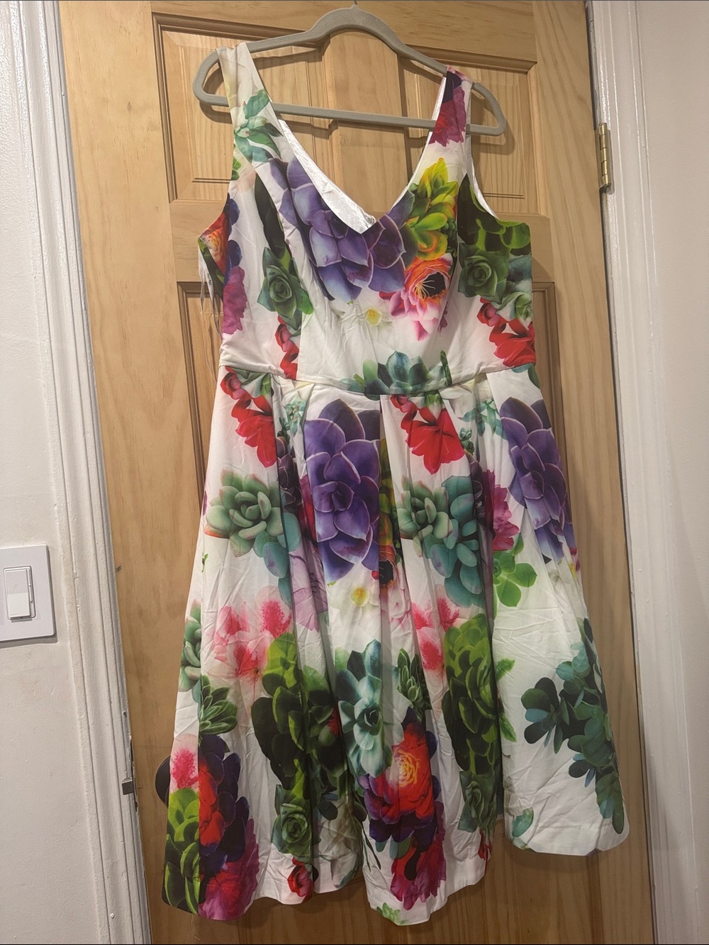 City Chic White Floral Fit-and-Flare Dress with Multicolor Succulent Print